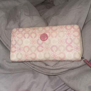 Coach signature beige and pink zip around wallet with 12 card slots zip pocket